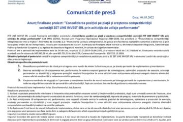 Anunț finalizare proiect: ”Consolidarea poziției pe piață și creșterea competitivității societății ZET LINE INVEST SRL prin achiziția de utilaje performante”