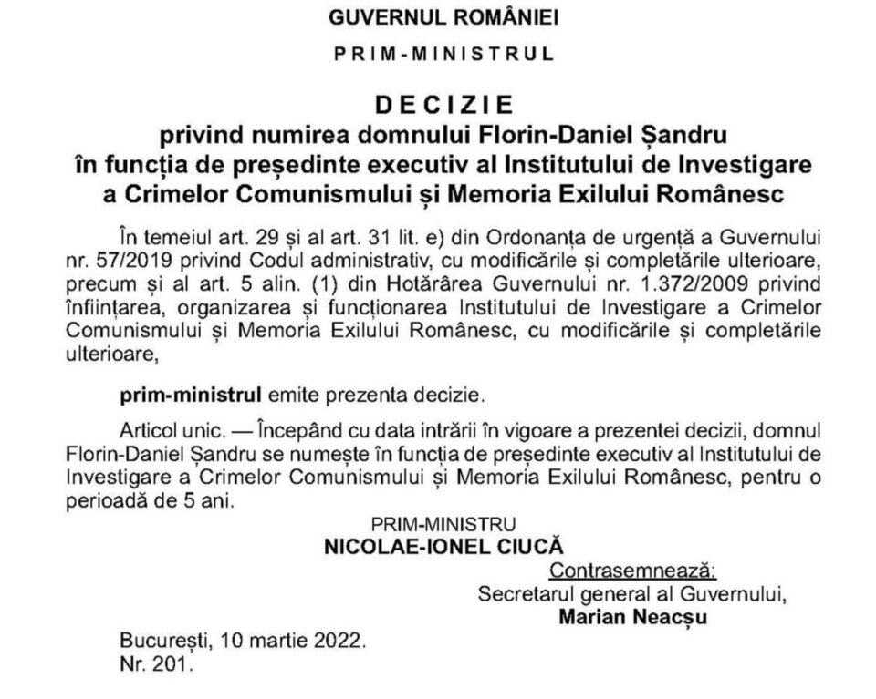 Fălticeneanul Daniel Șandru a fost numit președinte executiv al Institutului de Investigare a Crimelor Comunismului și Memoria Exilului Românesc