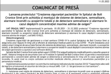 Lansarea proiectului “Creșterea siguranței pacienților în Spitalul de Boli Cronice Siret prin achiziția și montajul de sisteme de detectare, semnalizare, alarmare incendii cu acoperire totală și de detectare semnalizare și alarmare în cazul depășirii