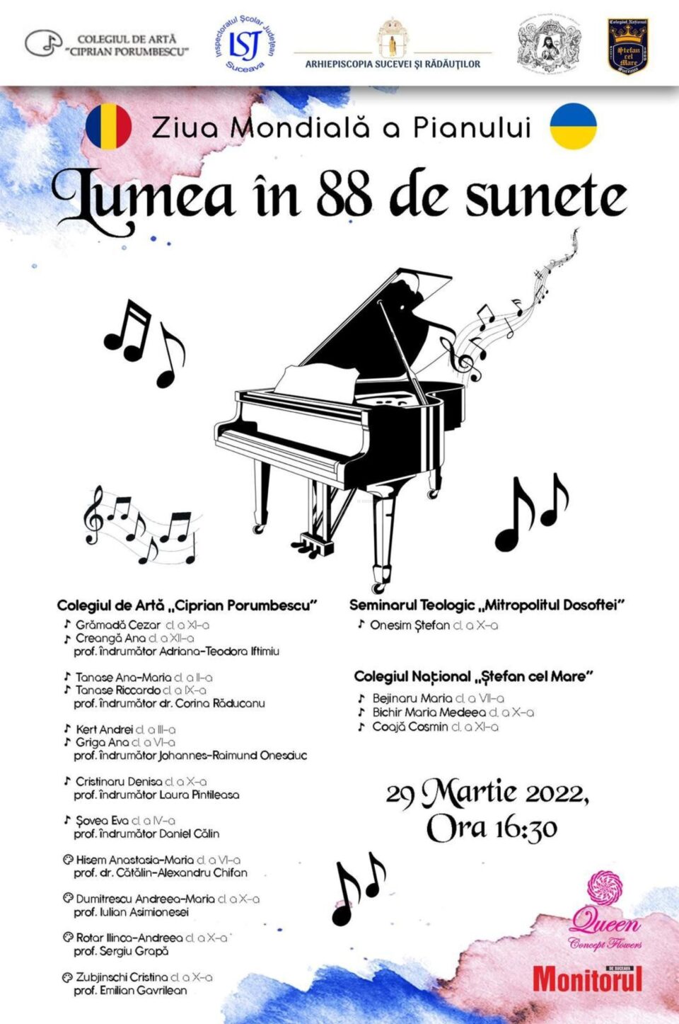 Proiectul educațional „Ziua Mondială a Pianului. Lumea în 88 de Sunete”, cu implicarea elevilor și profesorilor din trei licee sucevene