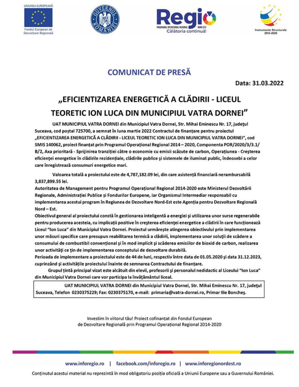 „EFICIENTIZAREA ENERGETICĂ A CLĂDIRII - LICEUL TEORETIC ION LUCA DIN MUNICIPIUL VATRA DORNEI”