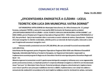 „EFICIENTIZAREA ENERGETICĂ A CLĂDIRII - LICEUL TEORETIC ION LUCA DIN MUNICIPIUL VATRA DORNEI”