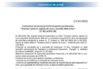 Comunicat de presă privind începerea proiectului ”Granturi pentru capital de lucru acordat IMM-urilor” SC BELACRIS SRL