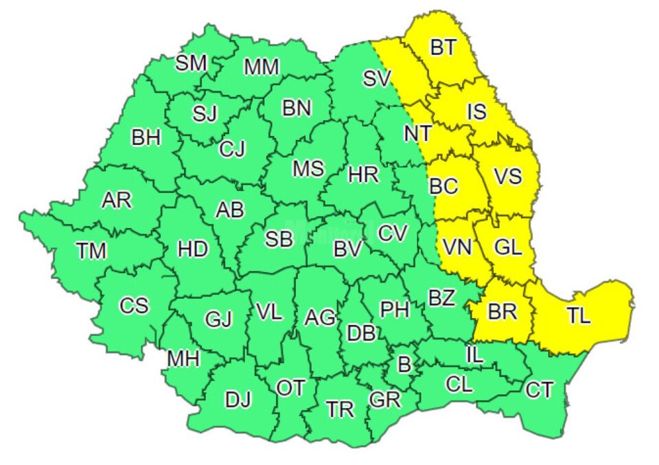 Cod galben de vânt puternic, temperaturi negative și brumă