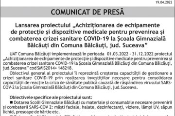 Lansarea proiectului „Achiziționarea de echipamente de protecție și dispozitive medicale pentru prevenirea și combaterea crizei sanitare COVID-19 la Școala Gimnazială Bălcăuți din Comuna Bălcăuți, jud. Suceava”