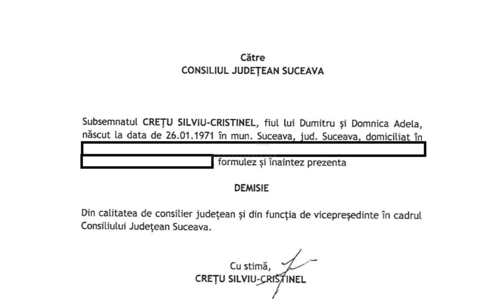 Vicepreședintele Consiliului Județean Suceava, Cristinel Crețu, a demisionat din funcție Vicepreședintele Consiliului Județean Suceava, Cristinel Crețu, a demisionat din funcție