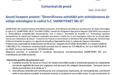 Anunț începere proiect: ”Diversificarea activității prin achiziționarea de utilaje tehnologice în cadrul S.C. SAMBYTENET SRL‐D”
