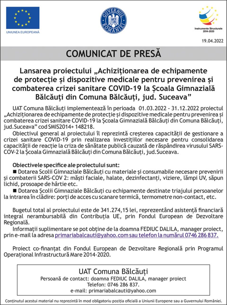 Lansarea proiectului „Achiziționarea de echipamente de protecție și dispozitive medicale pentru prevenirea și combaterea crizei sanitare COVID-19 la Școala Gimnazială Bălcăuți din Comuna Bălcăuți, jud. Suceava”
