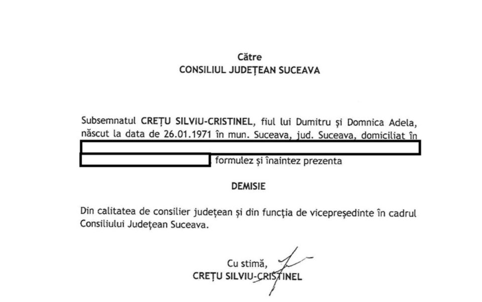 Vicepreședintele Consiliului Județean Suceava Cristinel Crețu a demisionat din funcție Vicepreședintele Consiliului Județean Suceava Cristinel Crețu a demisionat din funcție