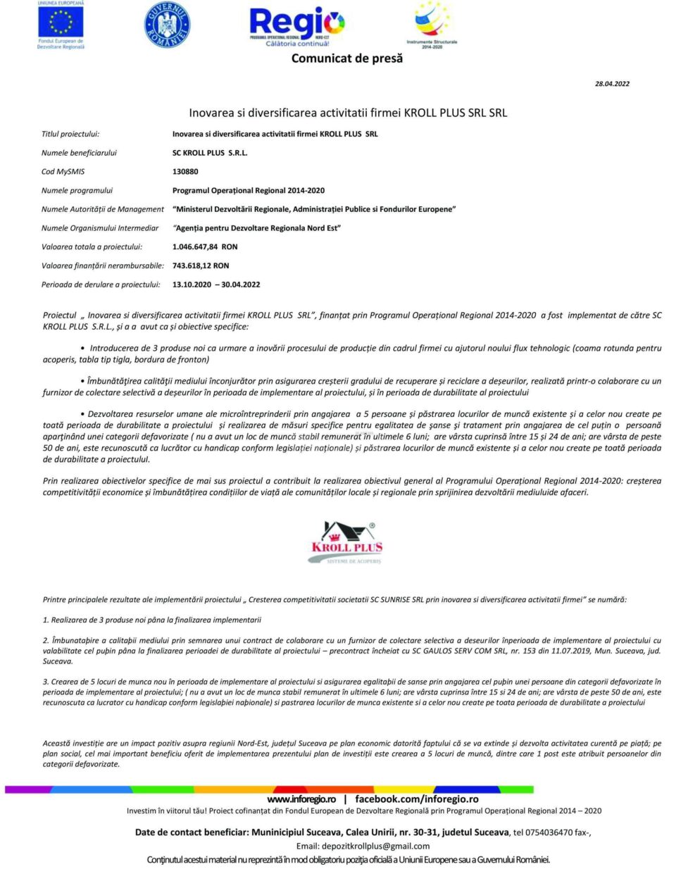 Inovarea si diversificarea activitatii firmei KROLL PLUS SRL SRL