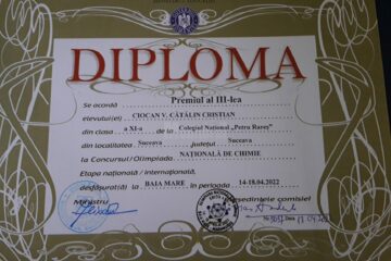 Premiul al III-lea la Olimpiada de Chimie pentru un elev de la Colegiul „Petru Rareș” Suceava