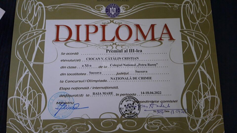 Premiul al III-lea la Olimpiada de Chimie pentru un elev de la Colegiul „Petru Rareș” Suceava