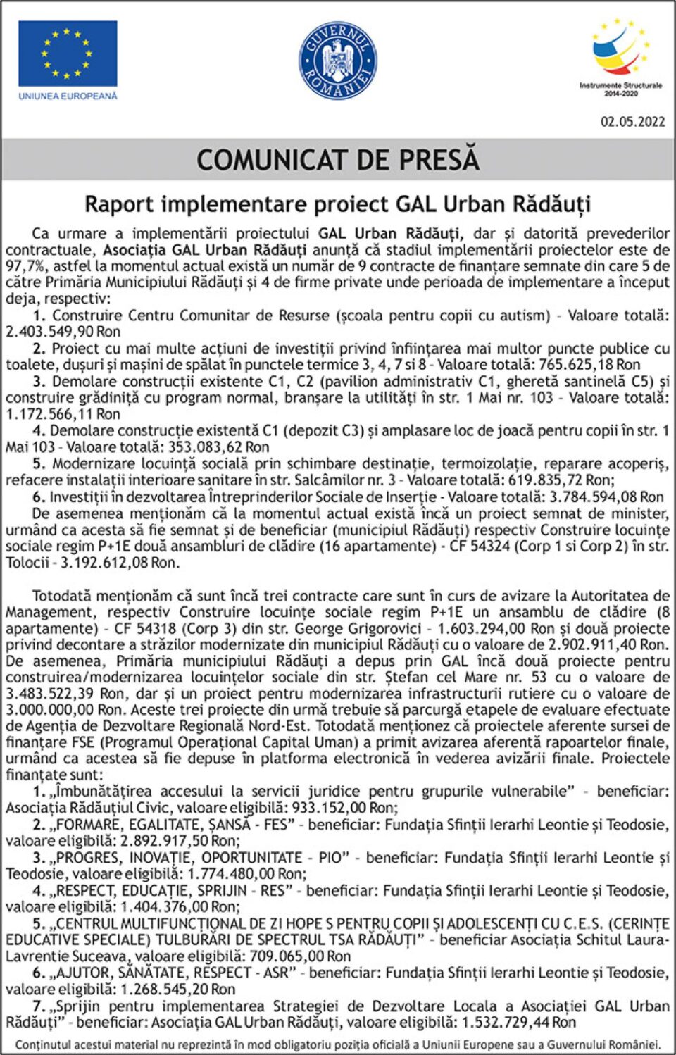 Raport implementare proiect GAL Urban Rădăuți
