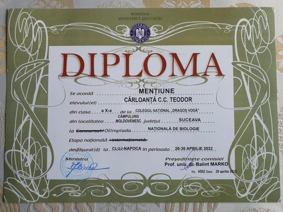 Teodor Cârloanță a obținut Mențiune și calificarea în lotul lărgit pentru Olimpiada Internațională de Biologie