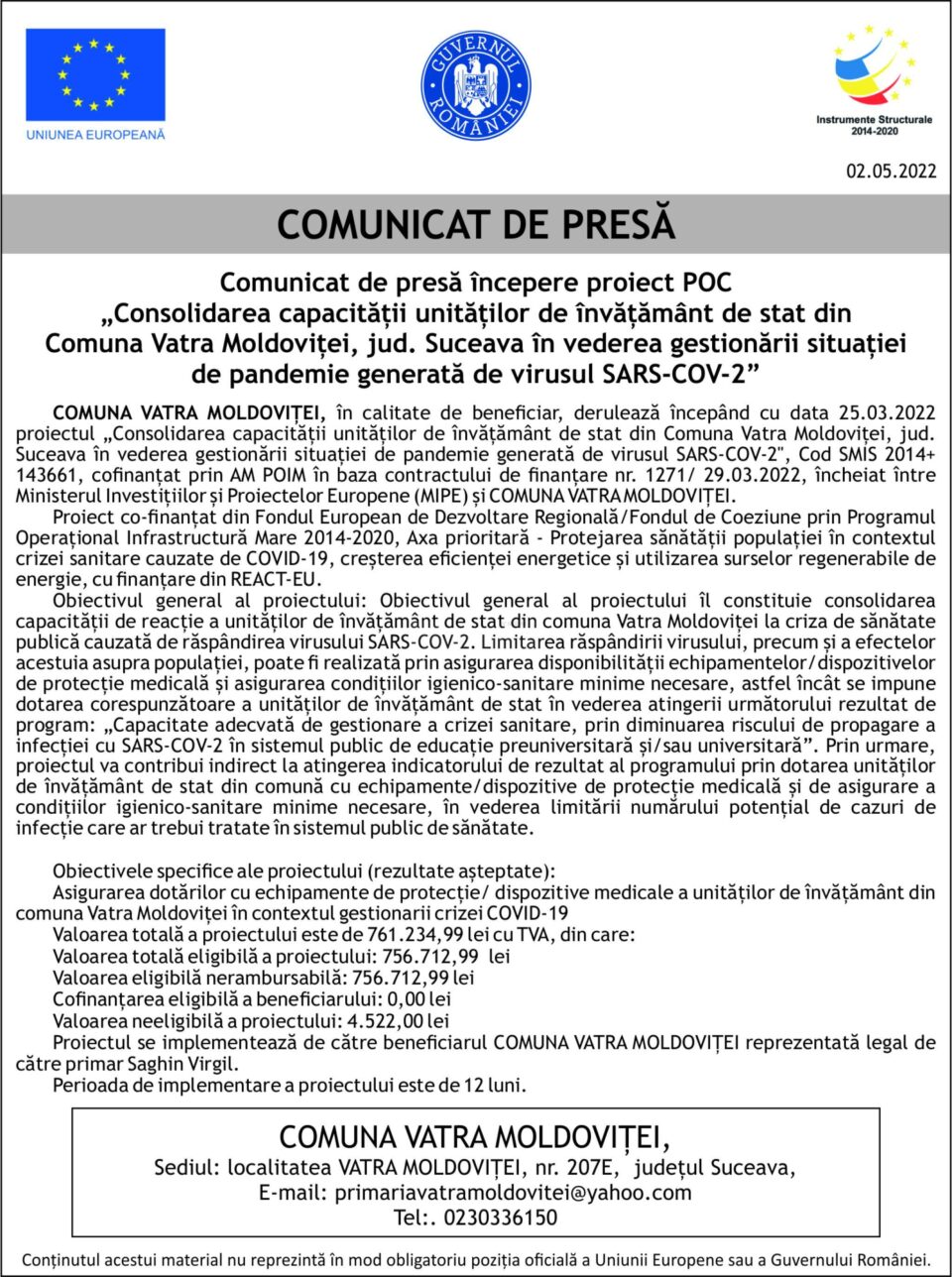 „Consolidarea capacității unităților de învățământ de stat din Comuna Vatra Moldoviței, jud. Suceava în vederea gestionării situației de pandemie generată de virusul SARS-COV-2”