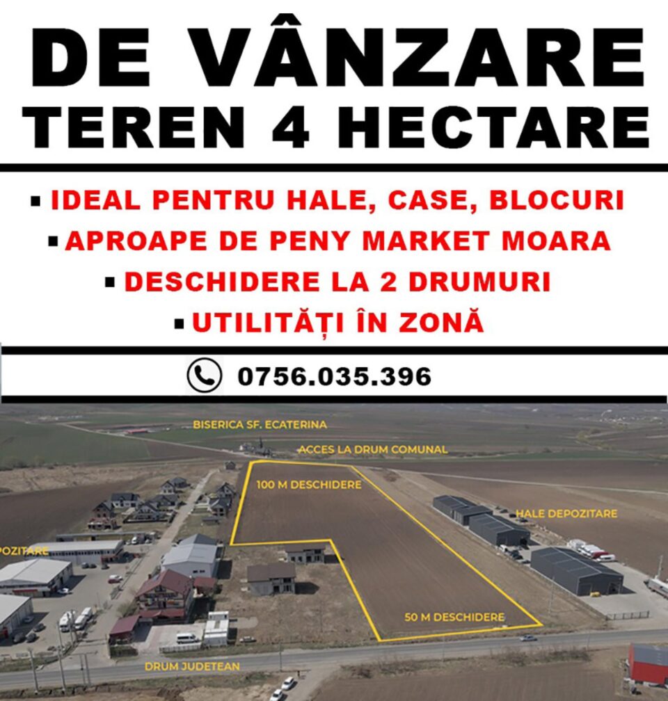 Teren de 4 hectare, ideal pentru vile, blocuri, hale sau sedii de firmă, de vânzare, la ieșire din Suceava