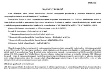 UAT Municipiul VatraDornei implementează proiectul Management performant și proceduri simplificate pentru competențele exclusive la nivelul Municipiului Vatra Dornei.