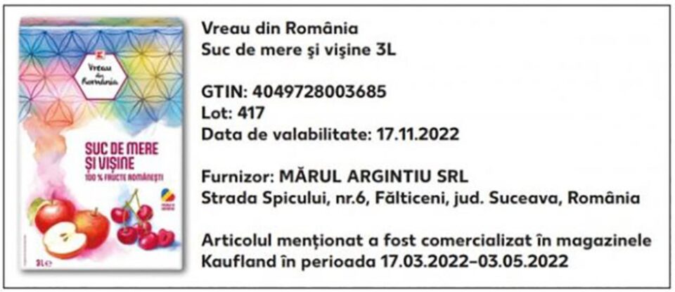 Suc de mere produs la Fălticeni, retras de magazinele Kaufland