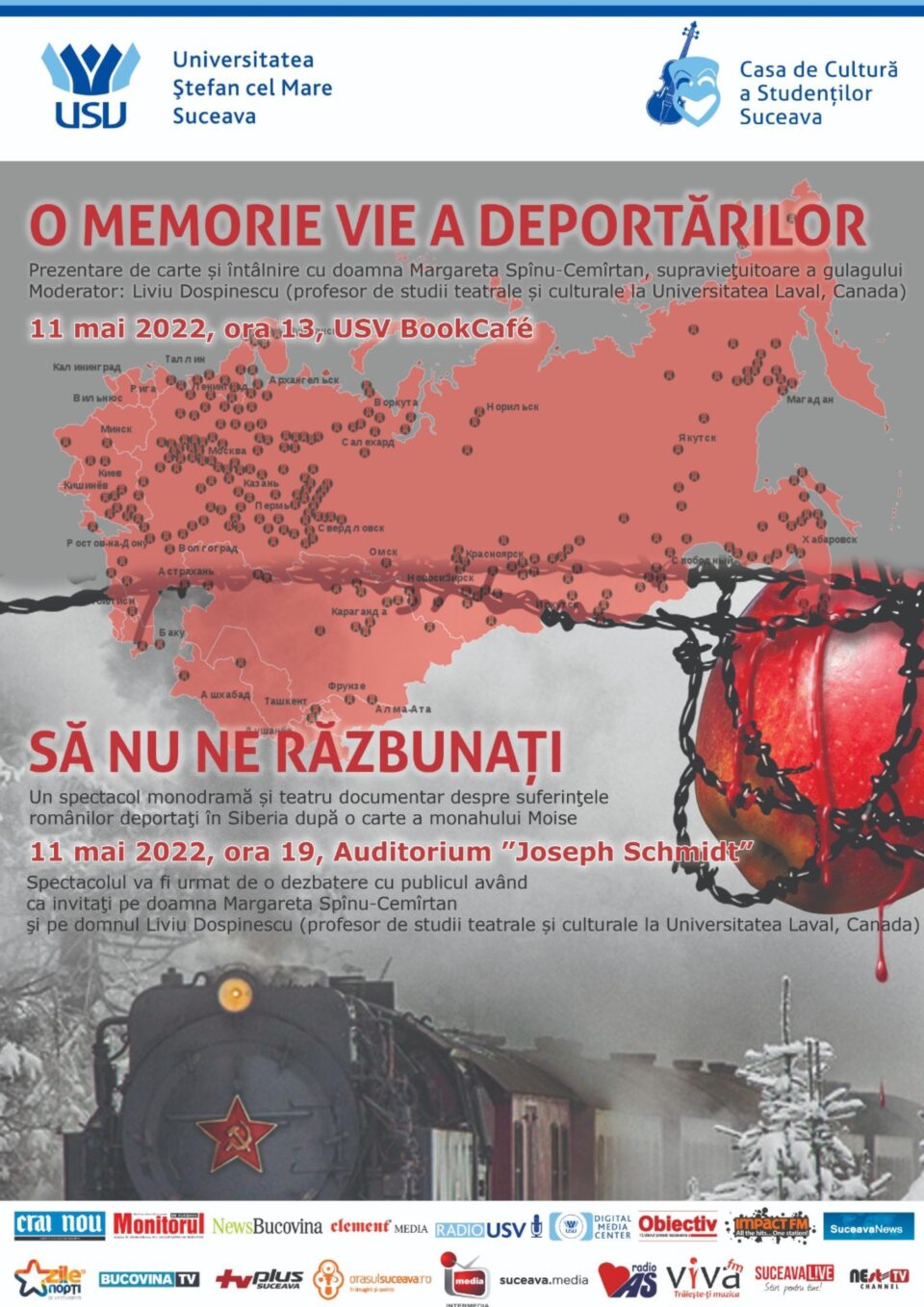 Prezentare de carte și teatru documentar, cu mărturii despre suferințele românilor deportați în Siberia Prezentare de carte și teatru documentar, cu mărturii despre suferințele românilor deportați în Siberia