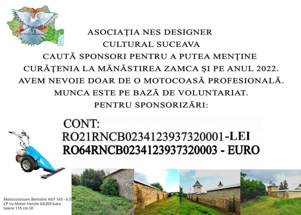 Asociația Nes Designer Cultural Suceava caută sponsori pentru a putea menține curățenia la Mănăstirea Zamca și în acest an Asociația Nes Designer Cultural Suceava caută sponsori pentru a putea menține curățenia la Mănăstirea Zamca și în acest an