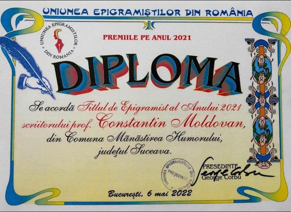 Profesorul de istorie din Mănăstirea Humorului Constantin Moldovan a primit titlul de „Epigramistul anului 2021”