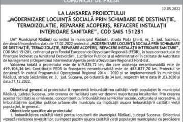 LA LANSAREA PROIECTULUI „MODERNIZARE LOCUINȚĂ SOCIALĂ PRIN SCHIMBARE DE DESTINAȚIE, TERMOIZOLAȚIE, REPARARE ACOPERIȘ, REFACERE INSTALAȚII INTERIOARE SANITARE”, COD SMIS 151281