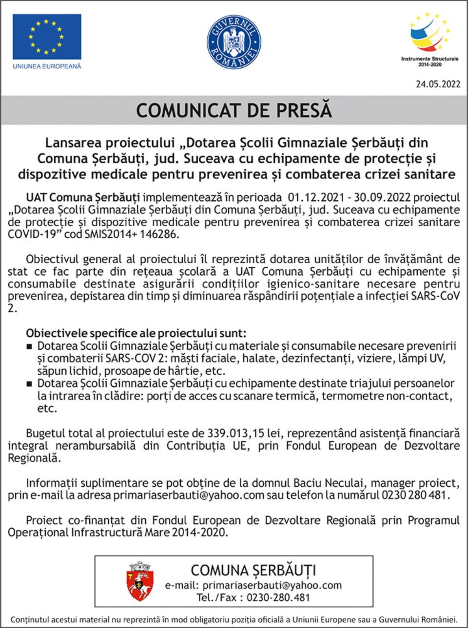 Lansarea proiectului „Dotarea Școlii Gimnaziale Șerbăuți din Comuna Șerbăuți, jud. Suceava cu echipamente de protecție și dispozitive medicale pentru prevenirea și combaterea crizei sanitare COVID-19”