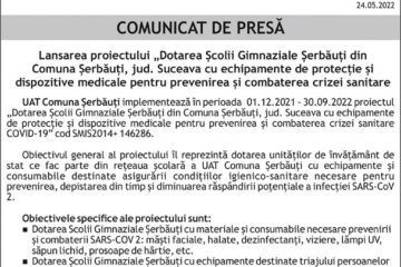 Lansarea proiectului „Dotarea Școlii Gimnaziale Șerbăuți din Comuna Șerbăuți, jud. Suceava cu echipamente de protecție și dispozitive medicale pentru prevenirea și combaterea crizei sanitare COVID-19”