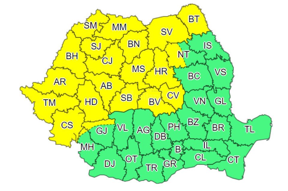 Cod galben de vijelii, averse torențiale și izolat grindină, în aproape jumătate de țară