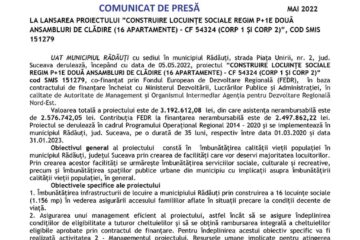 LA LANSAREA PROIECTULUI ”CONSTRUIRE LOCUINȚE SOCIALE REGIM P+1E DOUĂ ANSAMBLURI DE CLĂDIRE (16 APARTAMENTE) - CF 54324 (CORP 1 ȘI CORP 2)”, COD SMIS 151279
