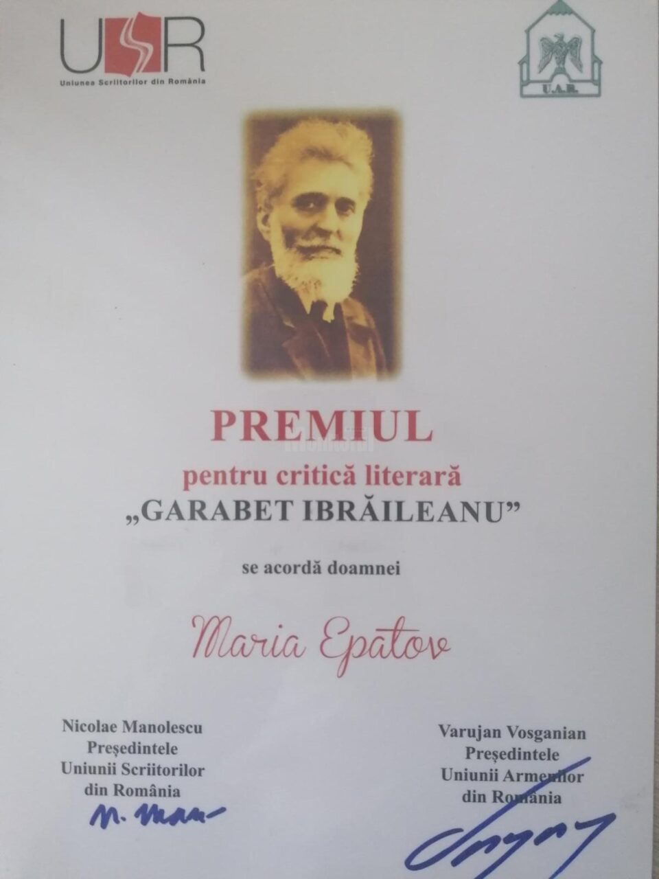 Prof. Maria Epatov de la „Eudoxiu Hurmuzachi” a obținut Premiul pentru critică literară, la Festivalul Național „Garabet Ibrăileanu”, ediția a V-a