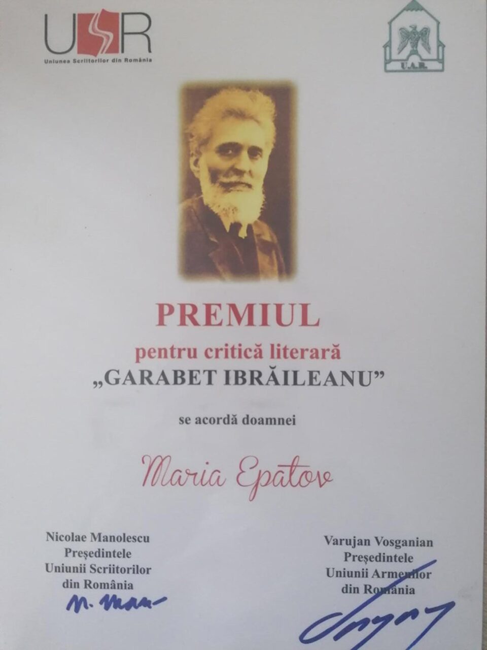 Prof. Maria Epatov de la „Eudoxiu Hurmuzachi” a obținut Premiul pentru critică literară, la Festivalul Național „Garabet Ibrăileanu”