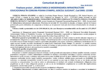 Finalizare proiect „REABILITAREA ȘI MODERNIZAREA INFRASTRUCTURII EDUCAȚIONALE ÎN COMUNA POIANA STAMPEI, JUDEȚUL SUCEAVA”, Cod SMIS: 121903