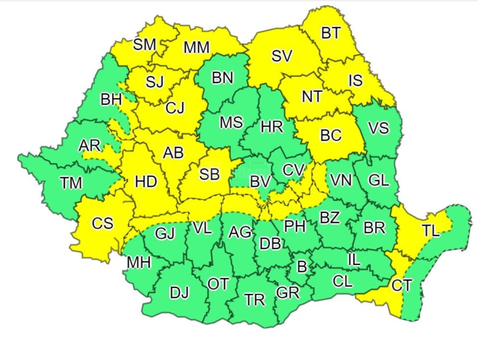 Cod galben de averse torențiale, vijelii și descărcări electrice