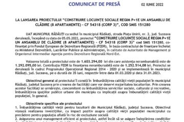 LA LANSAREA PROIECTULUI ”CONSTRUIRE LOCUINȚE SOCIALE REGIM P+1E UN ANSAMBLU DE CLĂDIRE (8 APARTAMENTE) - CF 54318 (CORP 3)”, COD SMIS 151280