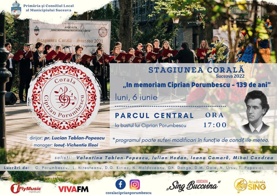 Concert coral „In memoriam Ciprian Porumbescu – 139 ani”, azi, la bustul lui Ciprian Porumbescu din Parcul Central Concert coral „In memoriam Ciprian Porumbescu – 139 ani”, azi, la bustul lui Ciprian Porumbescu din Parcul Central