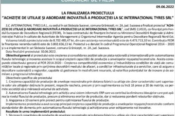 COMUNICAT DE PRESĂ LA FINALIZAREA PROIECTULUI ”ACHIZIȚIE DE UTILAJE ȘI ABORDARE INOVATIVĂ A PRODUCȚIEI LA SC INTERNAȚIONAL TYRES SRL”