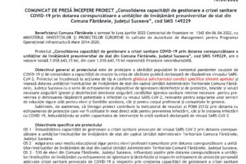 COMUNICAT DE PRESĂ ÎNCEPERE PROIECT „Consolidarea capacității de gestionare a crizei sanitare COVID-19 prin dotarea corespunzătoare a unităților de învățământ preuniversitar de stat din Comuna Fântânele, județul Suceava”, cod SMIS 149229