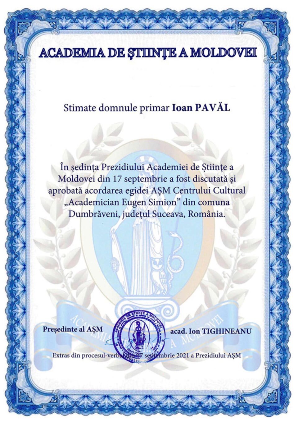 Acordarea egidei Academiei de Științe din Republica Moldova