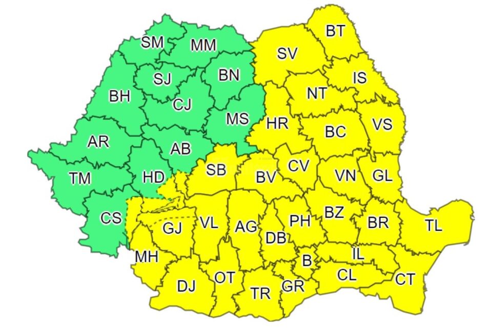 Cod galben de furtuni în trei sferturi de țară, urmat de altul de vânt puternic, până miercuri seară