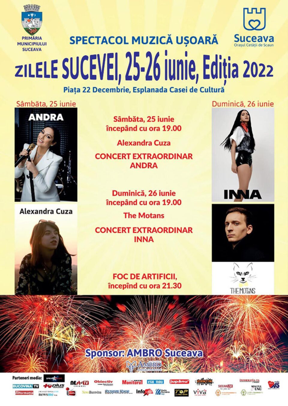 Zilele Sucevei încep de vineri, cu artiști locali și continuă cu Andra, Inna și The Motans