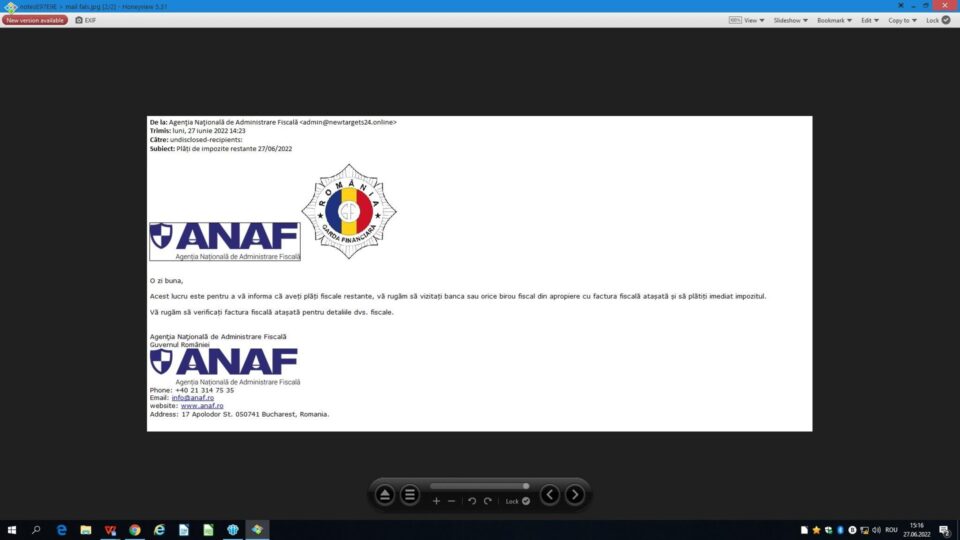 ANAF avertizează contribuabilii sa nu deschida mailurile false transmise in numele acestei institutii ANAF avertizează contribuabilii sa nu deschida mailurile false transmise in numele acestei institutii