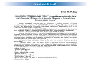 COMUNICAT DE PRESĂ FINALIZARE PROIECT „Îmbunătățirea conținutului digital și a infrastructurii TIC sistemice în domeniul E-Educație în Comuna Poiana Stampei, județul Suceava”