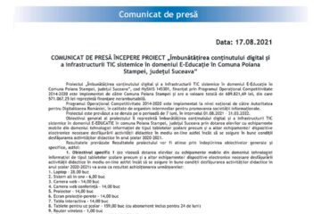 COMUNICAT DE PRESĂ ÎNCEPERE PROIECT „Îmbunătățirea conținutului digital și a infrastructurii TIC sistemice în domeniul E-Educație în Comuna Poiana Stampei, județul Suceava”