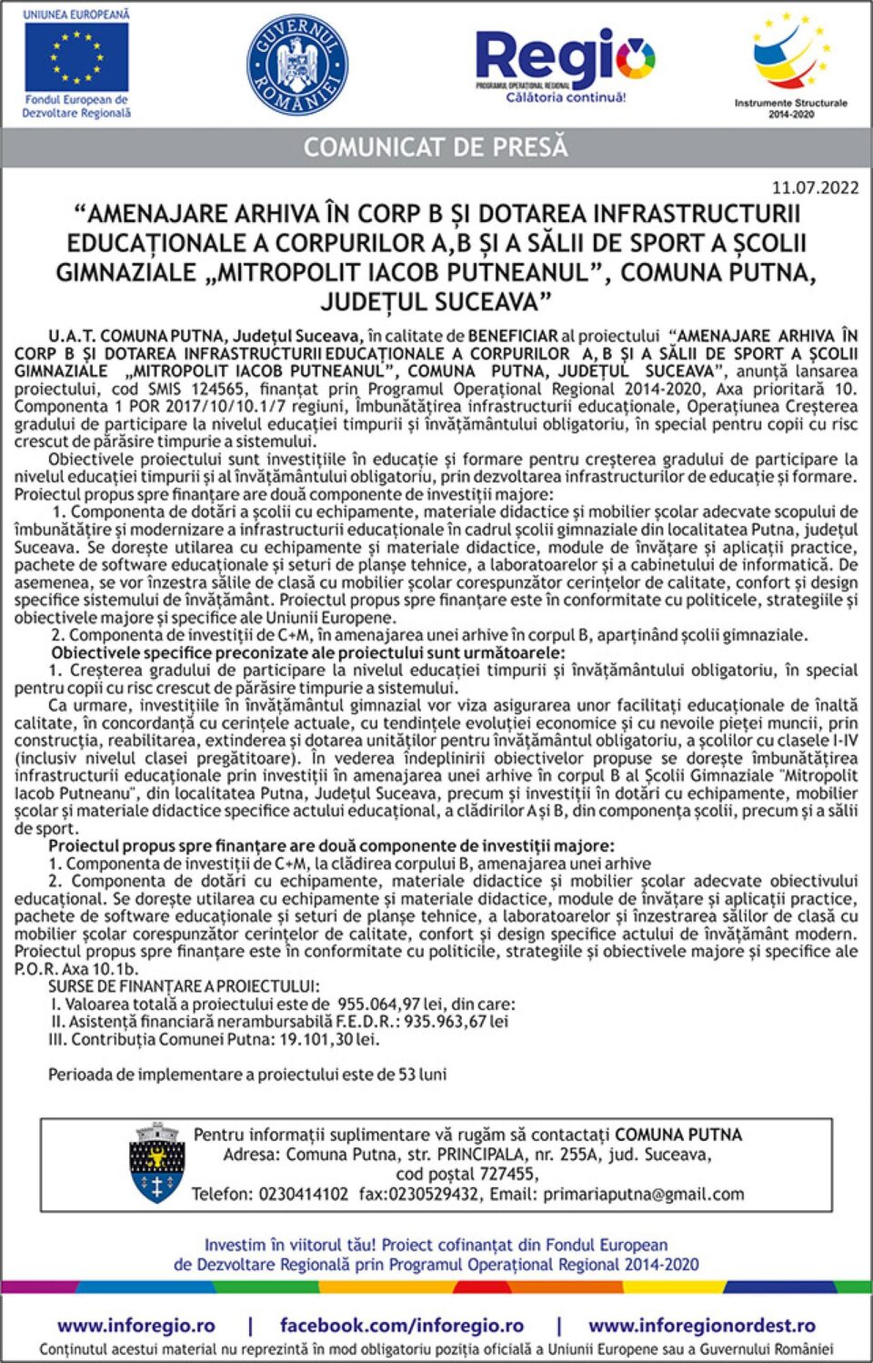 “AMENAJARE ARHIVA ÎN CORP B ȘI DOTAREA INFRASTRUCTURII EDUCAȚIONALE A CORPURILOR A, B ȘI A SĂLII DE SPORT A ȘCOLI GIMNAZIALE „MITROPOLIT IACOB PUTNEANUL”, COMUNA PUTNA, JUDEȚUL SUCEAVA” “AMENAJARE ARHIVA ÎN CORP B ȘI DOTAREA INFRASTRUCTURII EDUCAȚIONALE A CORPURILOR A, B ȘI A SĂLII DE SPORT A ȘCOLI GIMNAZIALE „MITROPOLIT IACOB PUTNEANUL”, COMUNA PUTNA, JUDEȚUL SUCEAVA”