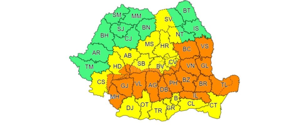 Jumătatea vestică a județului, sub Cod Galben de ploi și vijelii