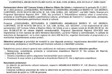 Finalizarea proiectului „CONSOLIDAREA, RESTAURAREA ȘI CONSERVAREA ANSAMBLULUI BISERICII SF. ILIE (BISERICĂ, CLOPOTNIȚĂ, ZID DE INCINTĂ) DIN SATUL SF. ILIE, COM. ȘCHEIA, JUD. SUCEAVA”, SMIS 116632