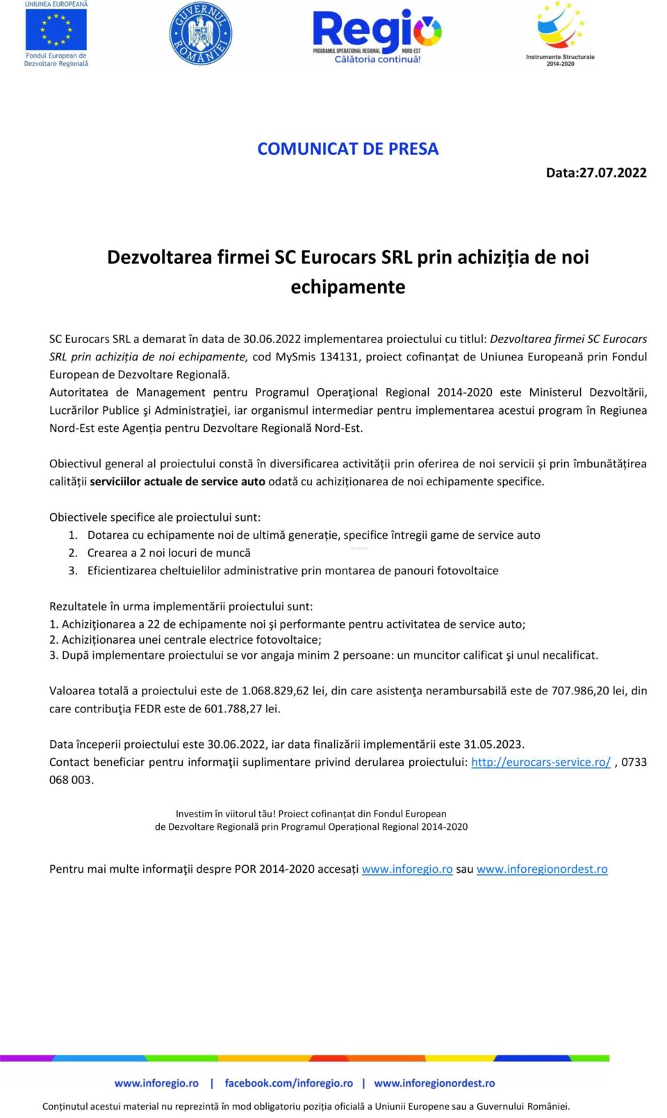 Dezvoltarea firmei SC Eurocars SRL prin achiziția de noi echipamente