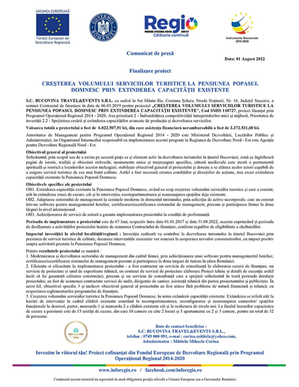 Finalizare proiect CREȘTEREA VOLUMULUI SERVICIILOR TURISTICE LA PENSIUNEA POPASUL DOMNESC PRIN EXTINDEREA CAPACITĂȚII EXISTENTE Finalizare proiect CREȘTEREA VOLUMULUI SERVICIILOR TURISTICE LA PENSIUNEA POPASUL DOMNESC PRIN EXTINDEREA CAPACITĂȚII EXISTENTE