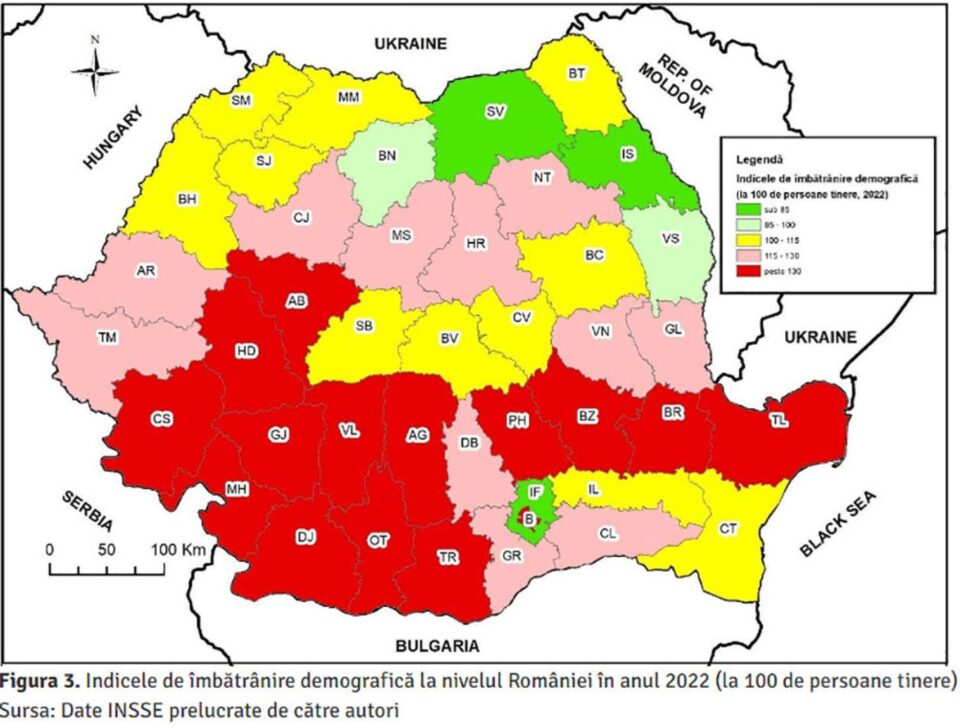 Harta studiu îmbătrânire demografică - sursa www.libertatea.ro